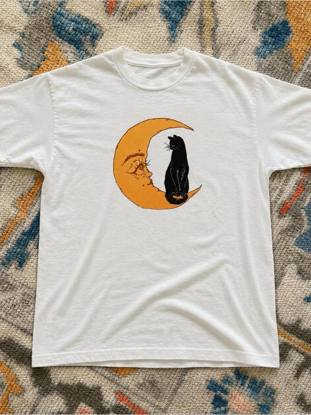 Gildan White Tee with Black Cat on Orange Crescent Moon | Unisex Graphic T-Shirt
